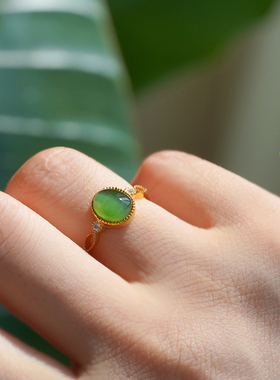 良器艺术| 天然和田玉碧玉戒指女18K金镶嵌猫眼戒指菠菜绿果绿