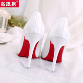 百搭裸色红底高跟鞋 女2025新款 女细跟性感浅口尖头漆皮单鞋 婚鞋