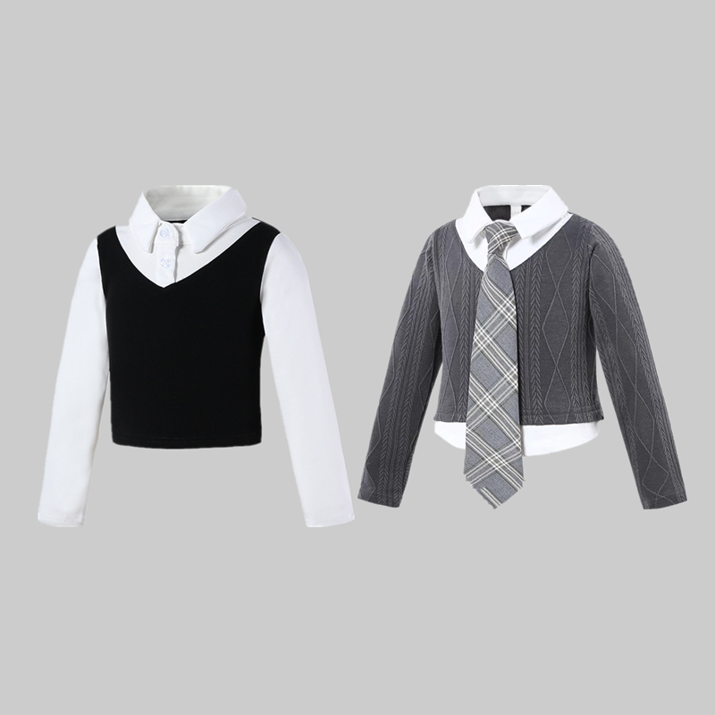 2025新款春秋装女童麻花纹假两件上衣POLO衬衫儿童黑白长袖T恤衫