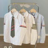 2025新款 女童休闲白色衬衣学生上衣B T衬衫 春秋季 男童蓝色条纹长袖