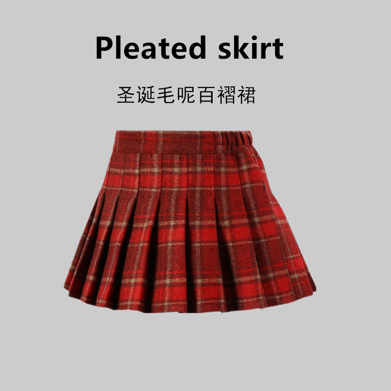 红色圣诞小众女童毛呢格子裙短裙