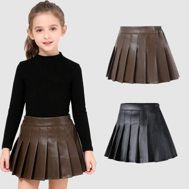 春秋装女童高腰黑PU皮裙儿童百褶裙a字裙裤咖显瘦短半身裙子新款