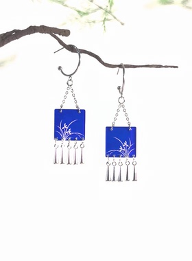 克莱因蓝色耳饰设计感小众新中式流苏耳环复古中国风女无耳洞耳夹