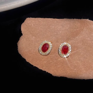 爆闪红色鸽子蛋耳钉简约精致轻奢感耳环配黑红色旗袍中式国风耳饰