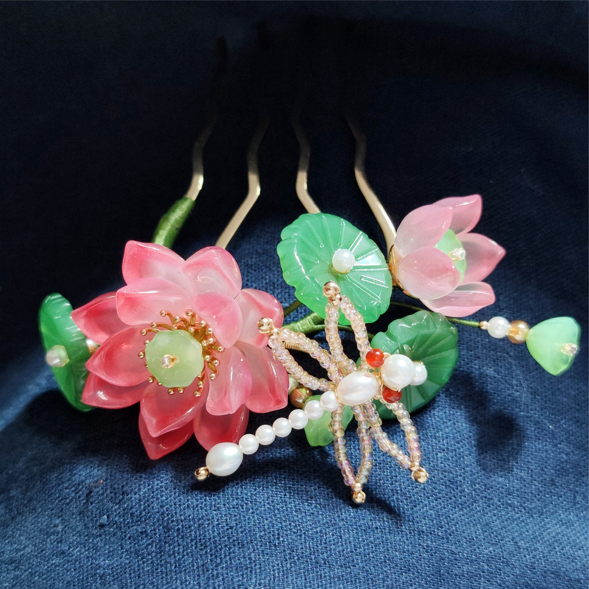 荷花发簪 汉服莲花配饰流苏步摇宫廷发饰蜻蜓头饰复古盘发钗新品