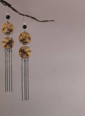 竹影︳黑金新中式长流苏耳饰国风复古竹叶耳坠手绘竹子耳饰耳夹女