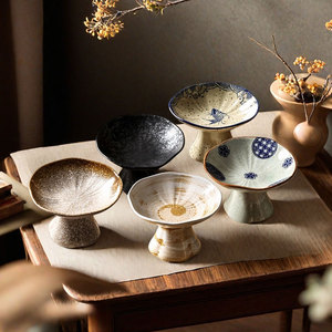 中式餐具茶高脚碟精致小点心茶点盘子复古陶瓷碟子盘高级托盘日式