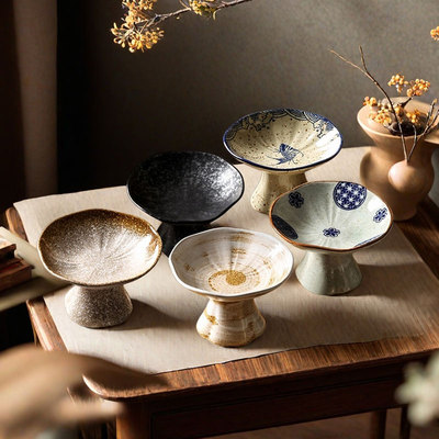 中式餐具茶高脚碟精致小点心茶点盘子复古陶瓷碟子盘零食托盘日式
