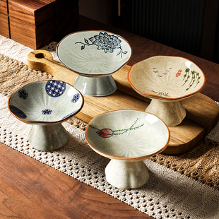 中式中古禅意高脚碟糕点茶小点心茶点陶瓷复古小碟碟子盘精致日式
