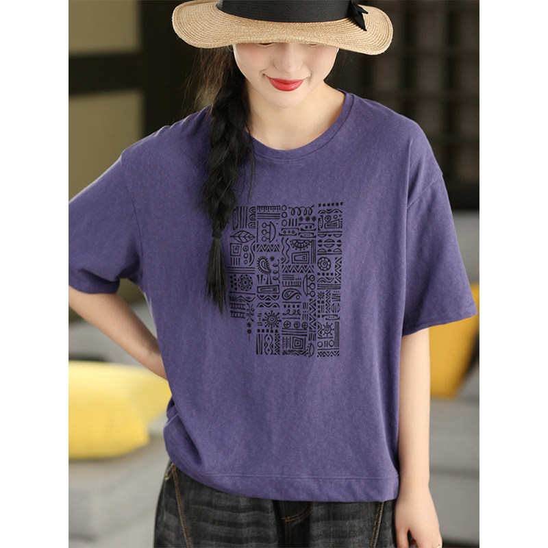 柒白夏季慵懒图腾印花棉质上衣女