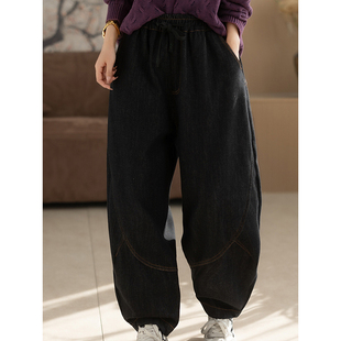 休闲显瘦保暖老爹裤 明线拼接系带加绒牛仔裤 个性 柒白2025秋冬新款