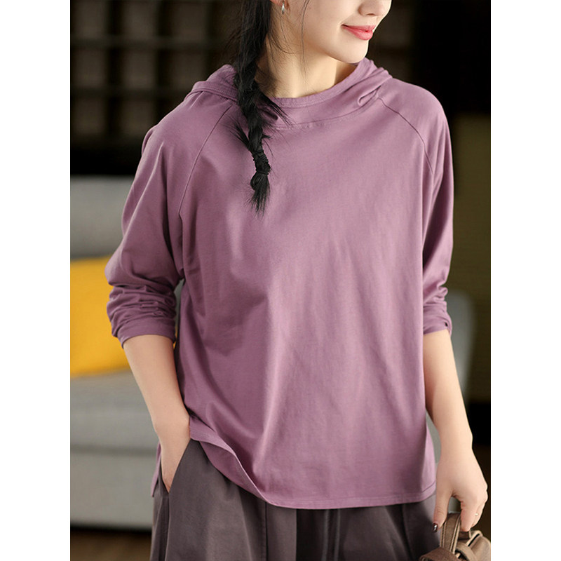 柒白2026春季新款简约休闲高档全棉连帽上衣慵懒宽松显瘦套头衫女