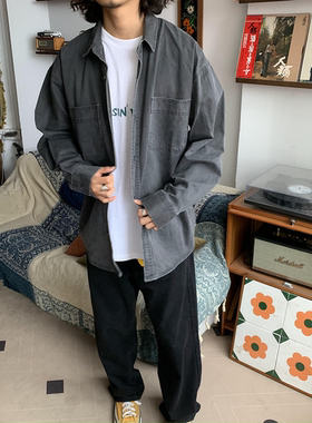 RonnShop日系宽松复古工装水洗长袖衬衫