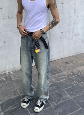 RonnShop日系宽松复古街头做旧水洗牛仔裤浅蓝