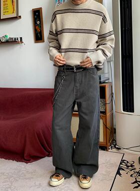 RonnShop日系宽松复古休闲灰色牛仔裤