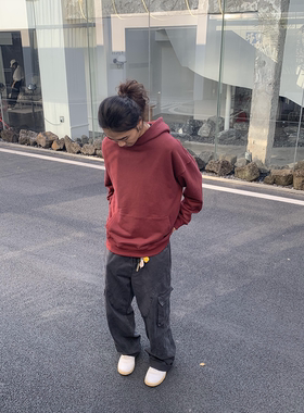 RonnShop日系宽松复古街头纯色纯棉连帽帽衫卫衣vintage