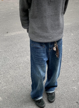 RonnShop日系宽松复古Vintage直筒拉链休闲水洗深蓝色牛仔裤