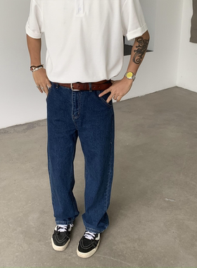 RonnShop日系宽松复古街头cleanfit重磅水洗直筒蓝色牛仔裤