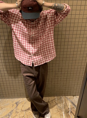 RonnShop日系宽松复古休闲宽松Vintage格子衬衫Cleanfit