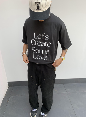 RonnShop日系街头复古宽松假两件重磅印花T恤短袖