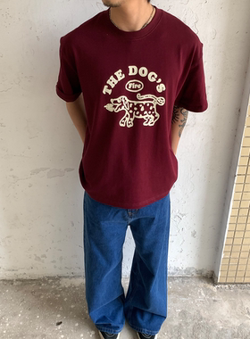 RonnShop日系宽松复古印花宽松酒红色短袖T恤