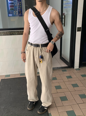 RonnShop日系宽松复古街头直筒浅卡其休闲裤