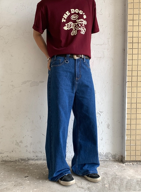 RonnShop美式复古水洗做旧牛仔裤男宽松直筒阔腿拖地长裤