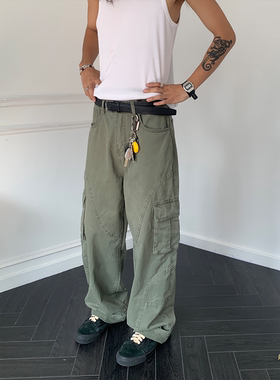 RonnShop日系美式街头宽松休闲复古做旧口袋直筒工装裤军绿vintag