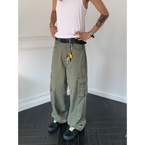 做旧口袋直筒工装裤军绿vintag