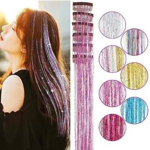 无痕接发彩色七彩彩带镭射金丝闪光挑染头发假发泡泡辫编发彩丝