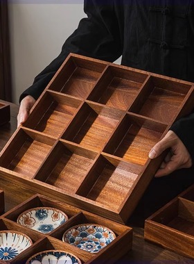 复古色九宫格家用木质托盘四宫格零食干果盘高档茶室会所点心拼盘