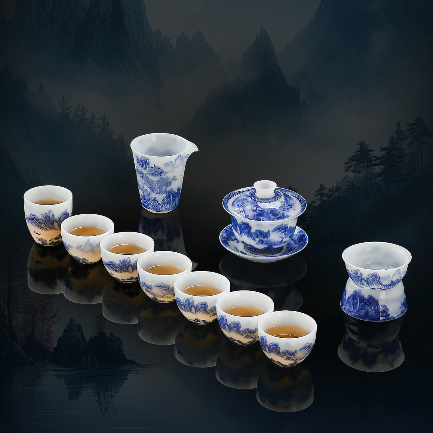 景德镇釉中青花瓷高档璞玉功夫茶具套组陶瓷茶杯盖碗山水商务茶具