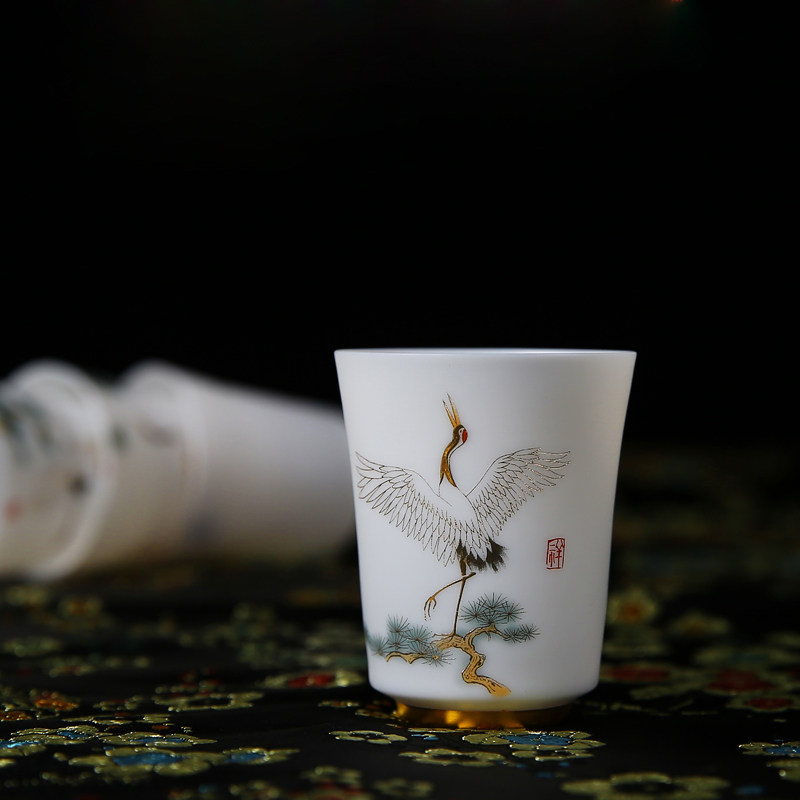 羊脂玉茶杯陶瓷品茗杯薄胎松鹤延年功夫茶盏家用主人杯礼品定制