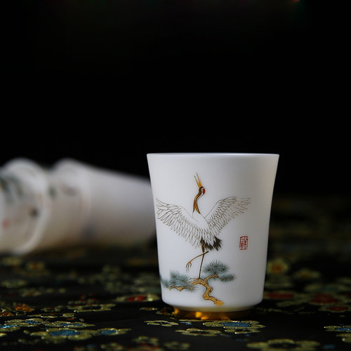 羊脂玉茶杯陶瓷品茗杯薄胎松鹤延年功夫茶盏家用主人杯礼品定制