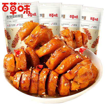 百草味孜然烧烤味面筋卷135g*6袋装烤面筋串零食品小吃豆腐干素肉