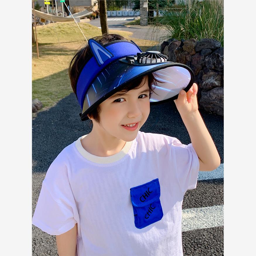 儿童防晒帽夏季出游遮阳带电风扇的帽子男女童户外大檐空顶太阳帽