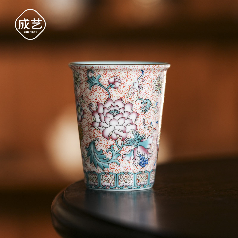 成艺陶瓷珐琅莲韵小可乐杯中式描金水杯高温珐琅彩冰淇淋杯大茶杯