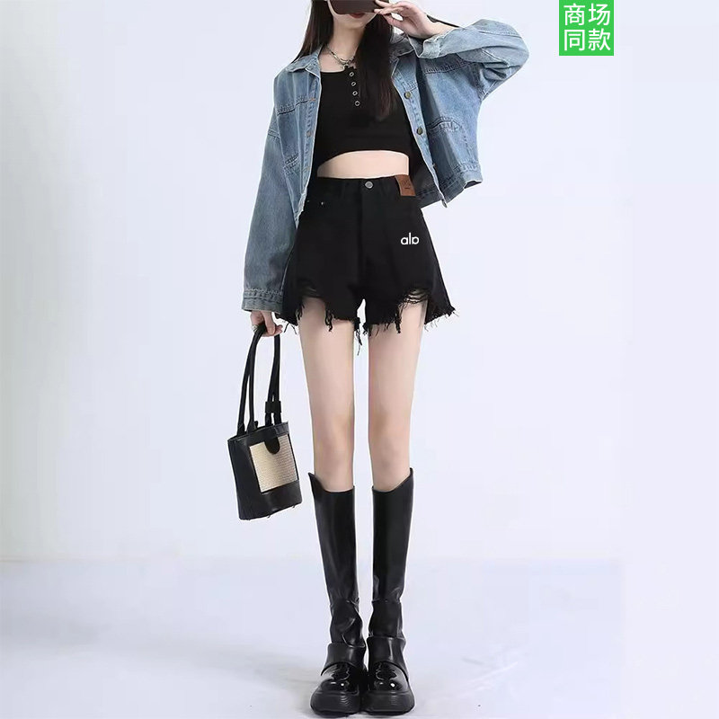 官网奥莱黑色高腰牛仔短裤女小个子2026新款阔腿显瘦破洞a字裤