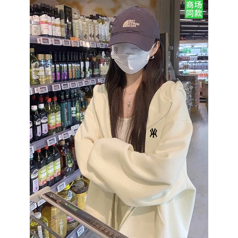 NY100%纯棉开衫卫衣女士2025年新款潮牌连帽春秋宽松百搭慵懒外套
