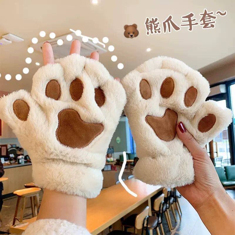 柏雅图卡通可爱熊掌猫爪毛绒手套女学生加绒加厚防风防寒冬季骑车