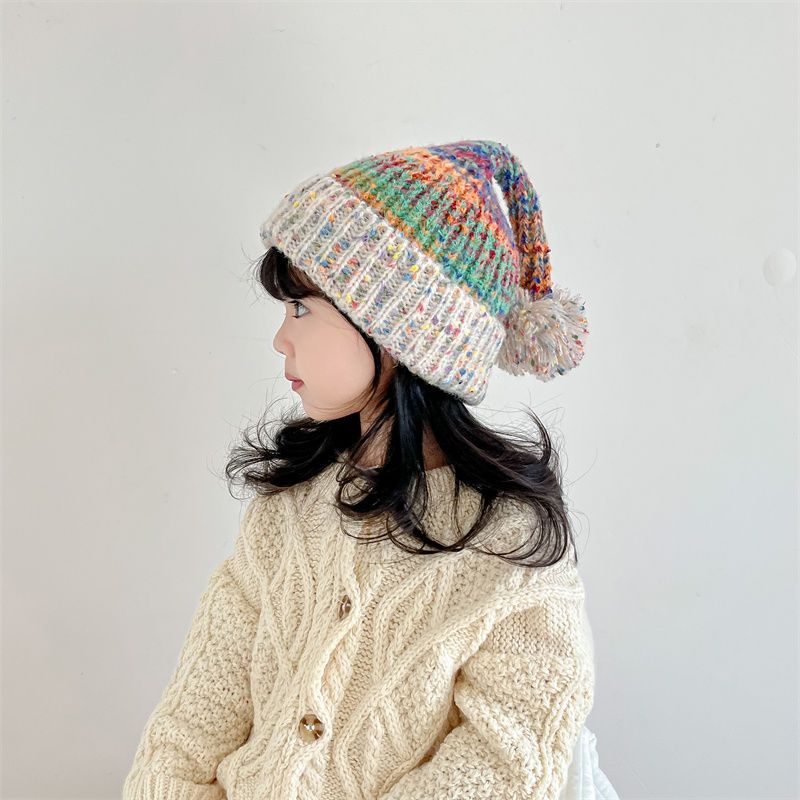 宝宝秋冬超萌可爱毛球套头针织帽男女童冬季保暖毛线七彩圣诞帽子