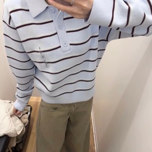 高品质女装柔滑棉质POLO保暖舒适领条纹针织衫/毛衣毛衫484503