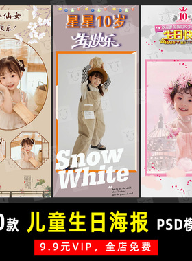儿童宝宝生日主题海报展架PSD文字模板素材影楼后期设计排版 K672