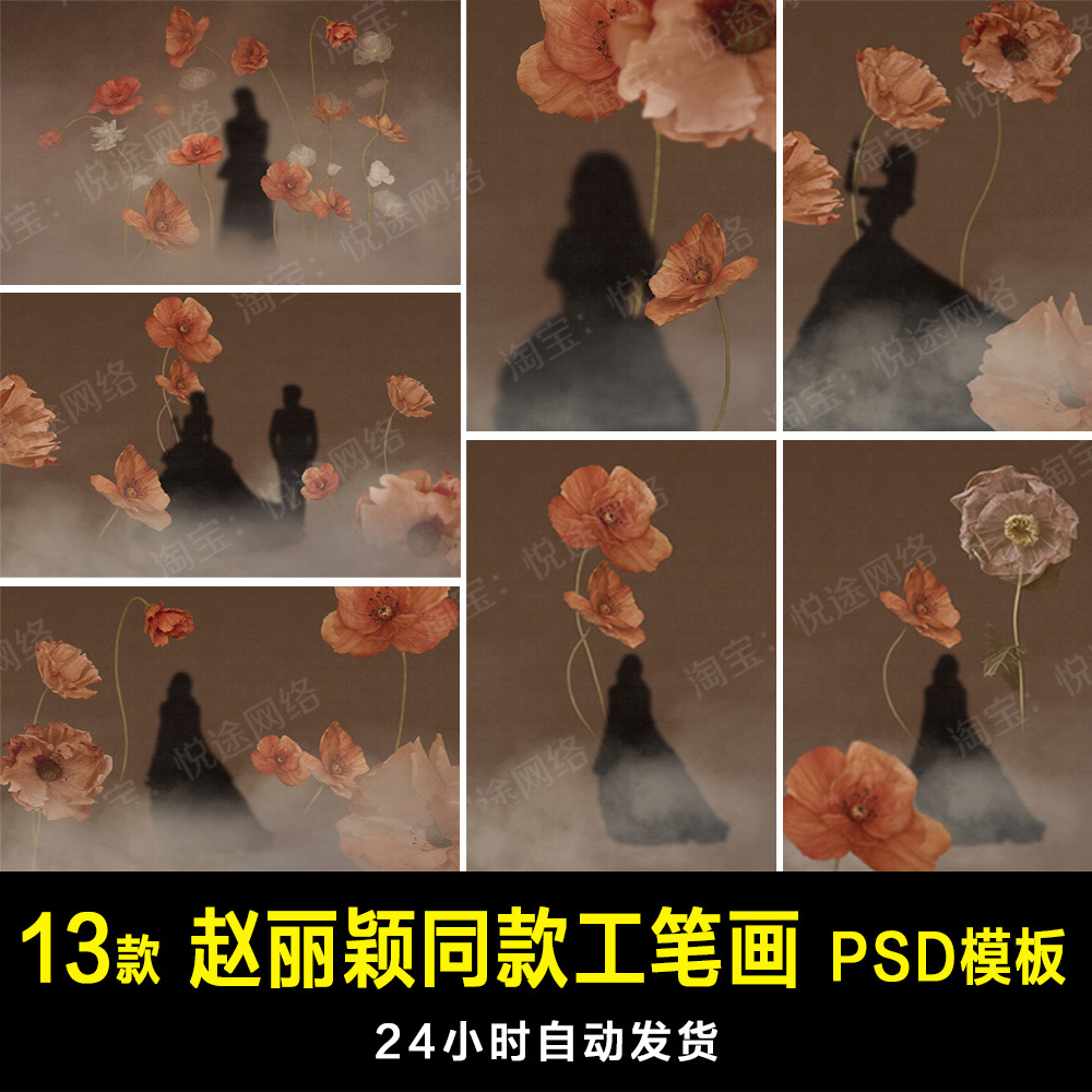 孙郡赵丽颖同款工笔画花间仙意境PSD模板素材婚纱写真复古风 E111-封面