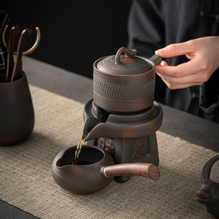 紫陶纯手工茶具套装 墨守 家用复古功夫全自动石磨懒人防烫泡茶器