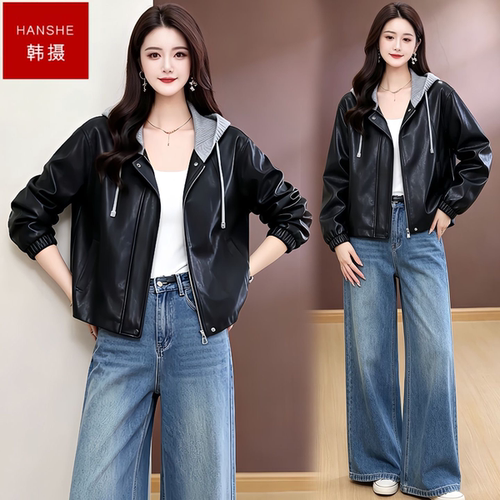 韩摄高端纯色短款皮衣外套女秋季新款时尚洋气显瘦百搭夹克上衣潮