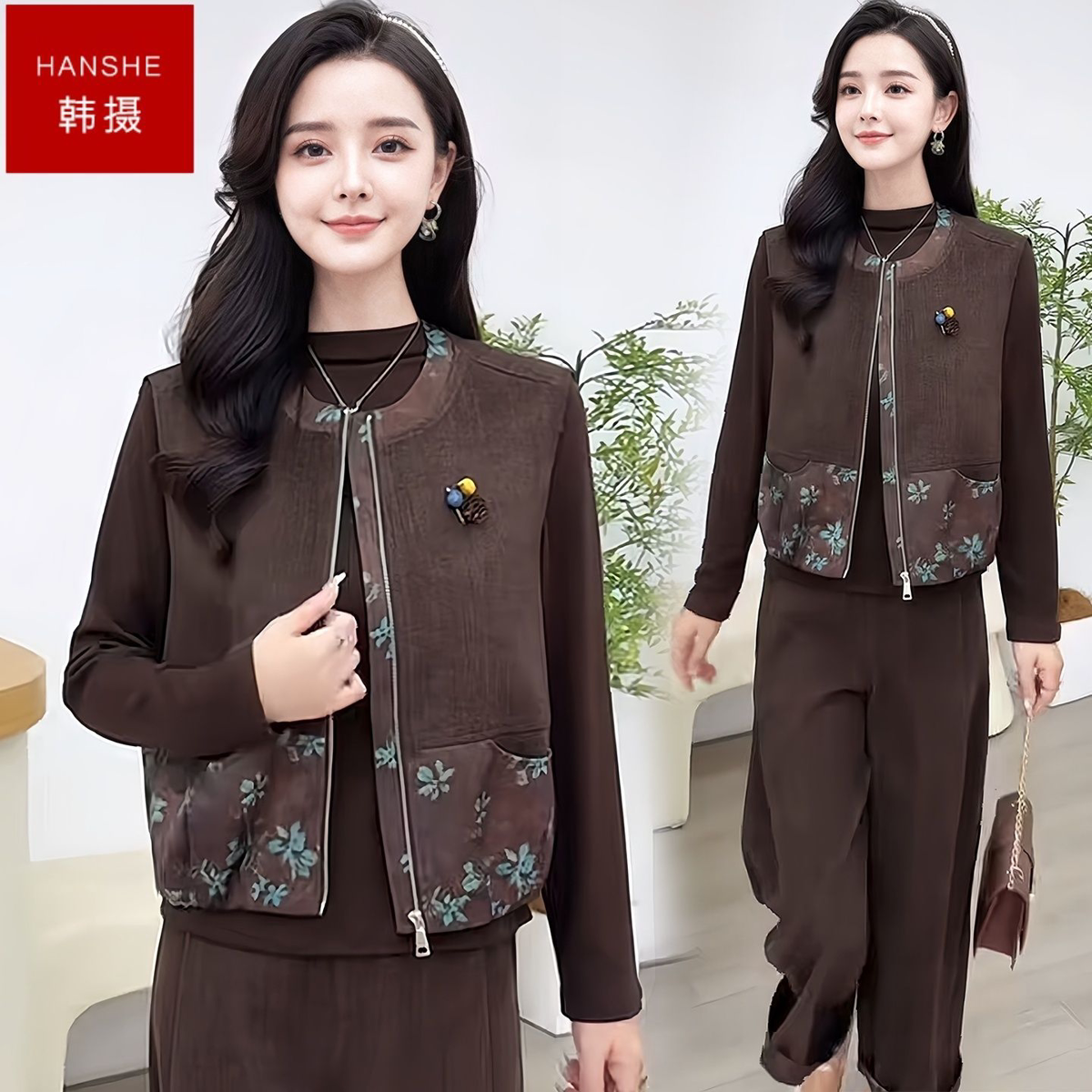 韩摄洋气妈妈休闲马甲中老年女装裤子三件套2026秋季新款时尚套装
