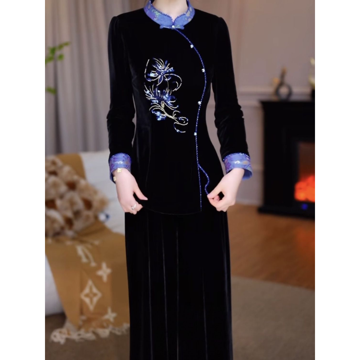 2026秋季高档修身套装遮肉阔腿裤显瘦气质轻奢国风上衣两件套女