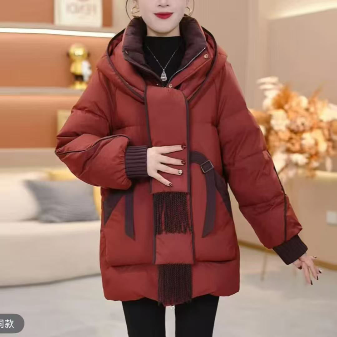 冬季新款时尚妈妈装围巾连帽羽绒服气质保暖加厚宽松中长款外套女