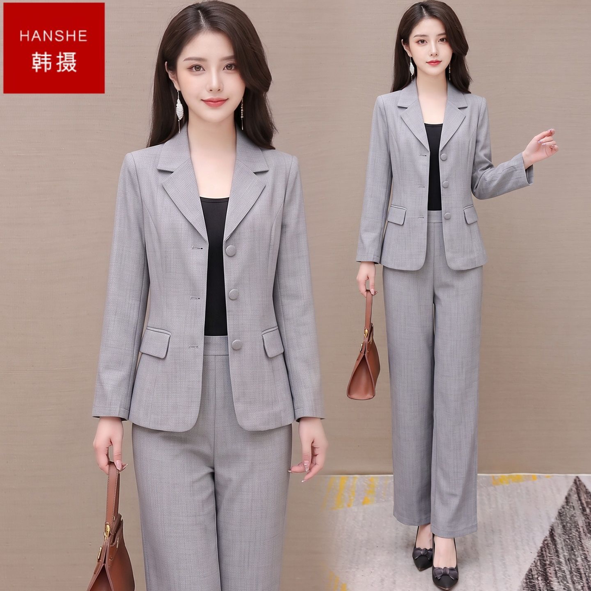 韩摄2026新款秋季女士西装裤子套装时尚显瘦上衣搭直筒裤子两件套